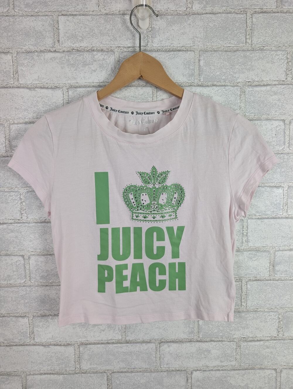 Juicy Couture Medium M Peach Rhinestone Light Pink Crop Top T-shirt Tee Y2K